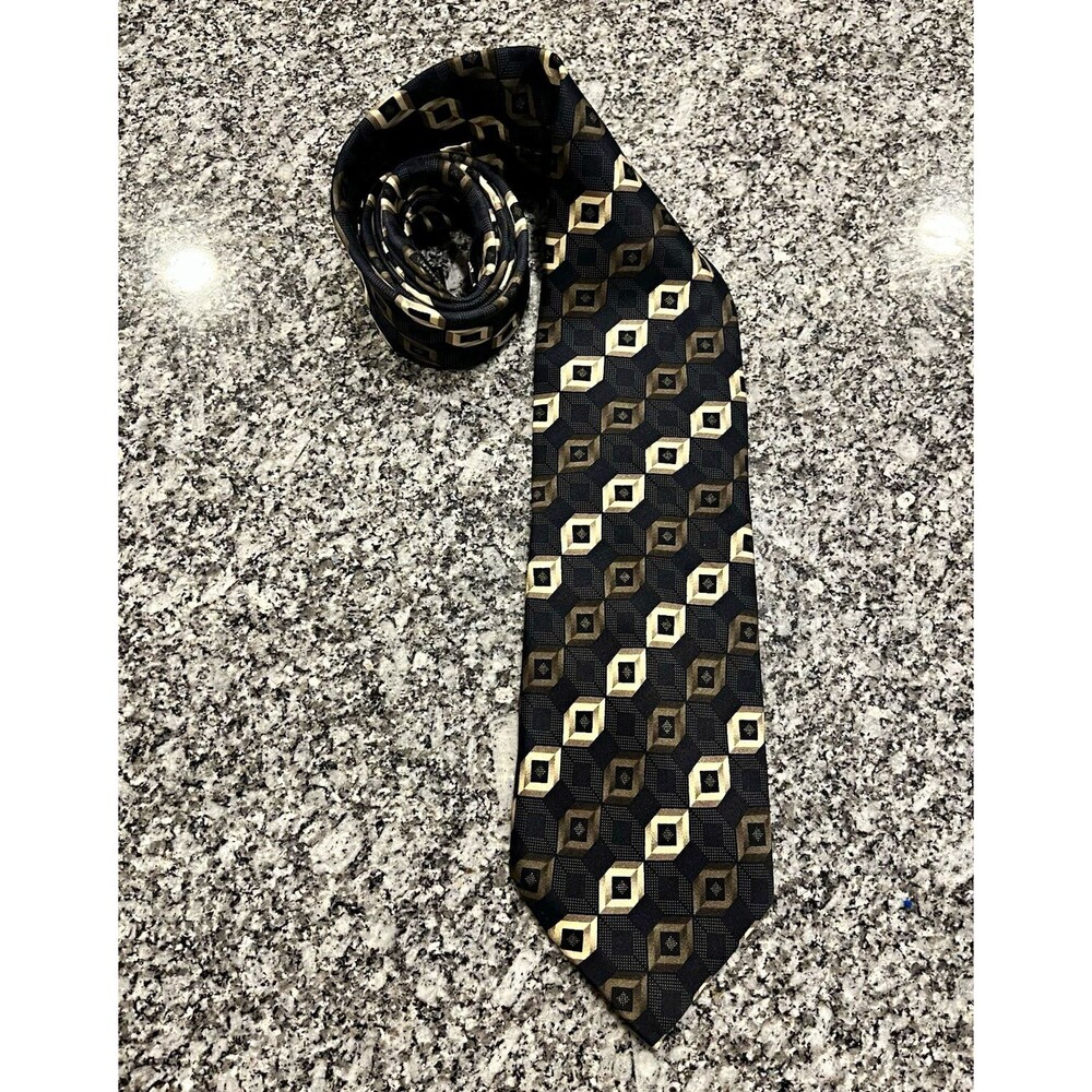 Alexander Julian Men's Black Beige Brown Geometric Pointed Tie 100% silk 0060